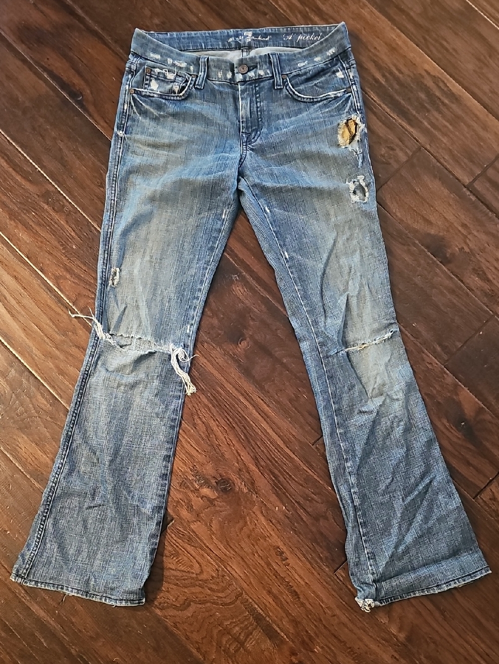 7 For All Mankind Blue Distressed Flare Jeans